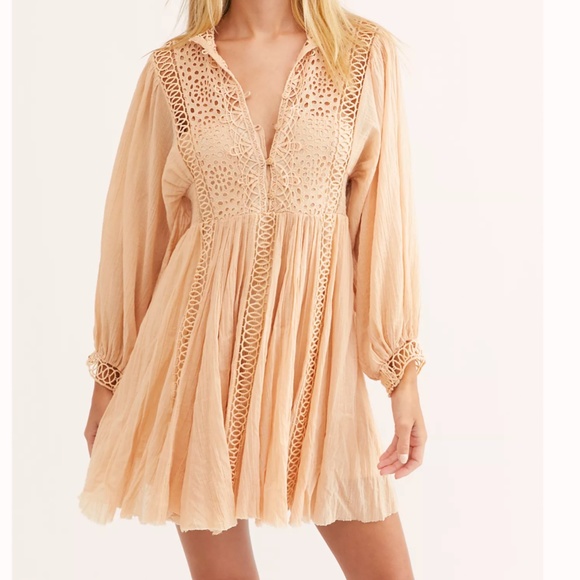 Karma Lace Flowy Button Down Puff Sleeve Boho Peasant Hipster Hippie Chic Dress - Picture 4 of 4